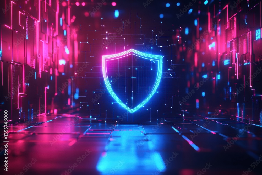 Poster futuristic security concept featuring a glowing shield symbol in a digital landscape with soft neon 