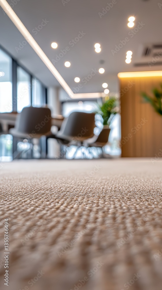Aufkleber office space view with textured carpet and blurred background featuring chairs and lighting.