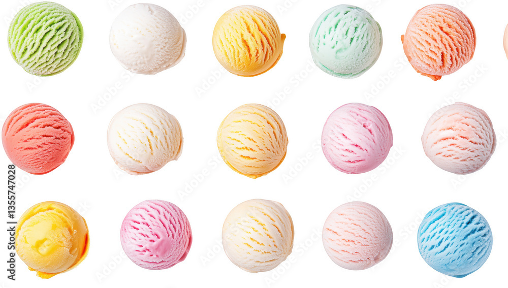 Poster colorful ice cream scoops displayed in a grid pattern showcasing a variety of flavors and textures p