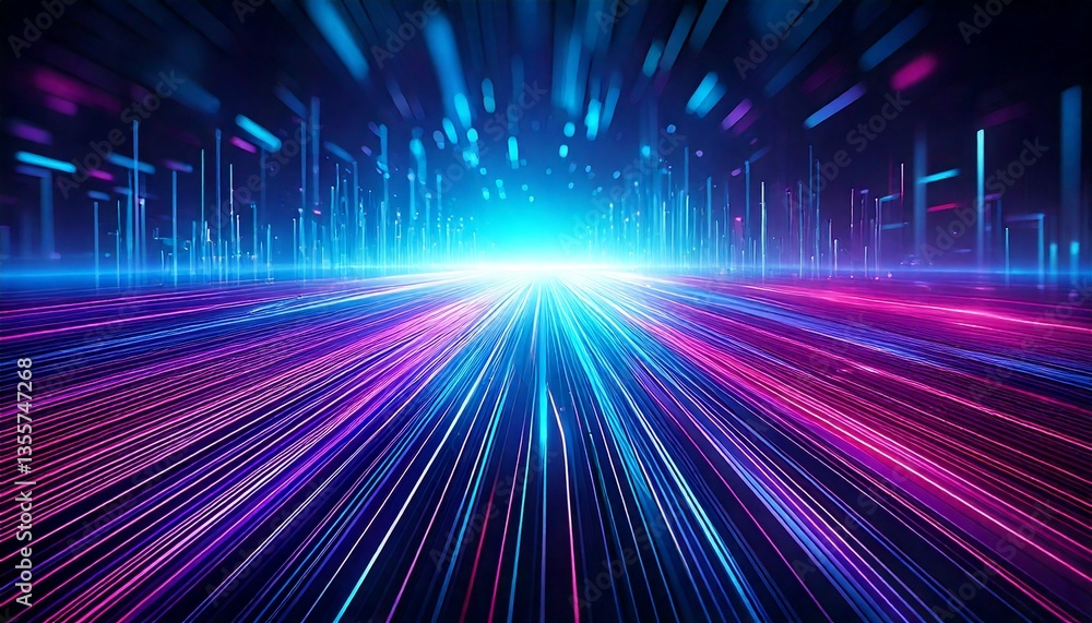 Poster a digital abstract background with neon blue and purple glowing lines, creating a cyberpunk-inspired