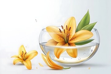 Yellow lilies in a glass bowl. Spa and wellness decor. For greeting cards and advertising