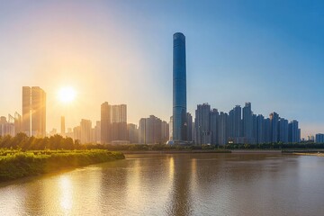 Obraz premium Modern City Skyline Reflecting on River at Sunset