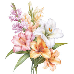 Fototapeta premium a vibrant bouquet of various lilies in soft colors showcasing their delicate petals and lush green leaves perfect for decoration or as a gift