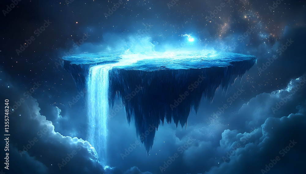 Poster a mystical floating island with a waterfall cascading into the cosmos, surrounded by clouds and star