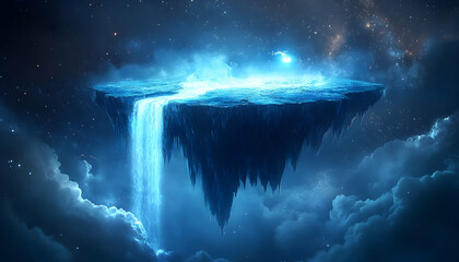 Fototapeta premium A mystical floating island with a waterfall cascading into the cosmos, surrounded by clouds and stars