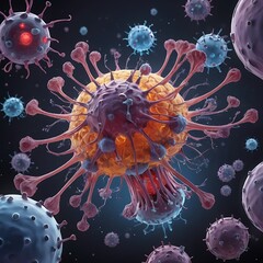 Microscopic Menace, An evocative, colorful illustration of diverse viruses and pathogens, floating and potentially attacking.
