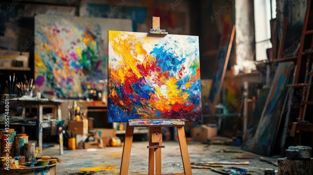 Poster a colorful abstract canvas placed on a wooden easel in a spacious, artistic studio, with splashes of