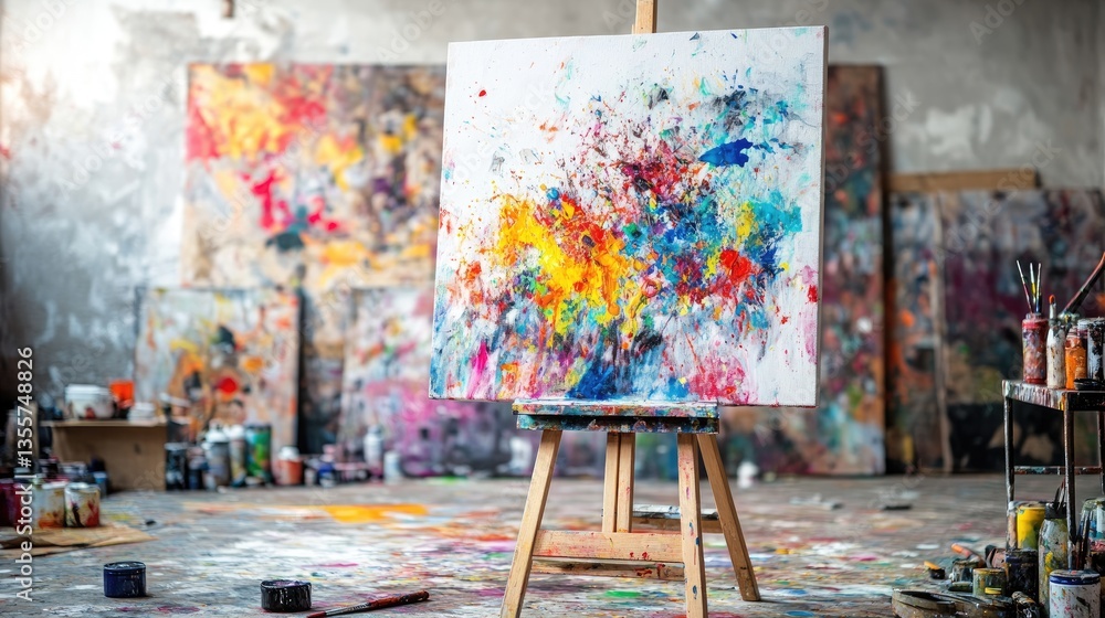 Poster a colorful abstract canvas placed on a wooden easel in a spacious, artistic studio, with splashes of