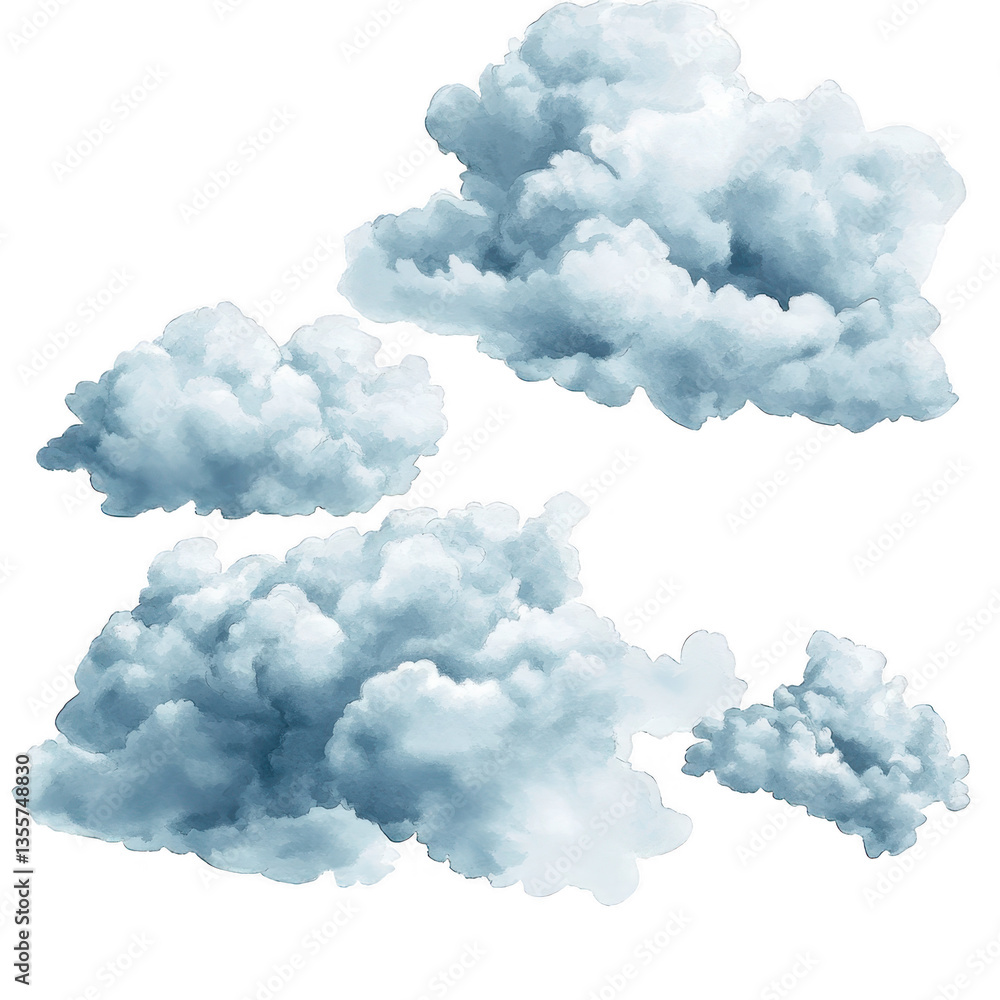 Poster fluffy soft clouds in various shapes and sizes rendered in shades of blue and white creating a seren