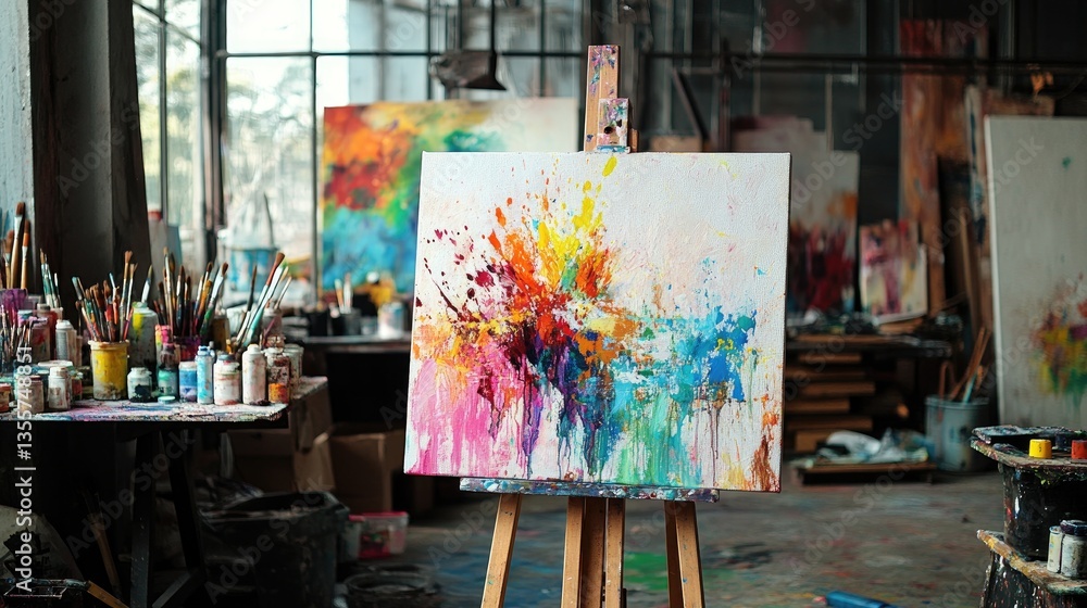 Poster a colorful abstract canvas placed on a wooden easel in a spacious, artistic studio, with splashes of