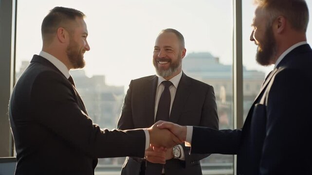 Business Deal: A professional agreement is solidified with a handshake between two colleagues, symbolizing a successful partnership and the realization of a business objective.