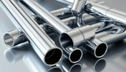 Shiny Metal Pipes and Fittings on Reflective Surface for Industrial Construction