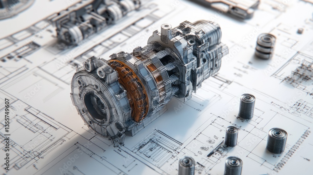 Poster a concept design of a complex gearbox, showing technical blueprints alongside 3d-printed prototypes,