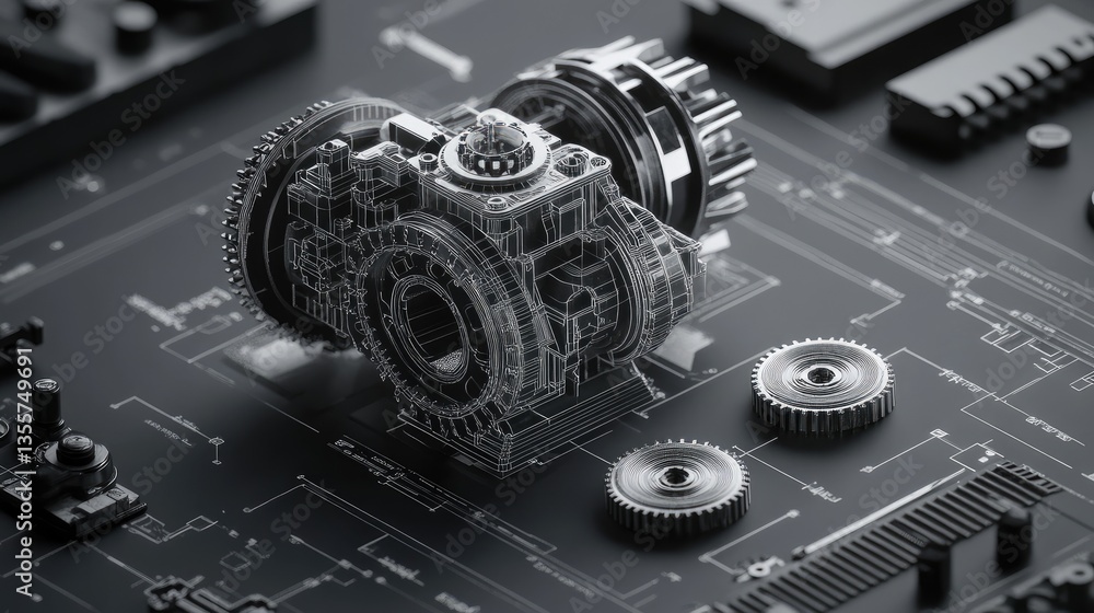 Poster A concept design of a complex gearbox, showing technical blueprints alongside 3D-printed prototypes, symbolizing engineering innovation