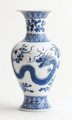Elegant porcelain vase adorned with a majestic dragon and floral motifs, a stunning piece of blue and white artistry.