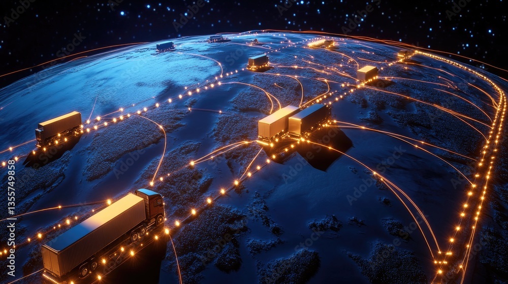 Poster a conceptual global network with trucks traveling across it, showcasing advanced fleet management so