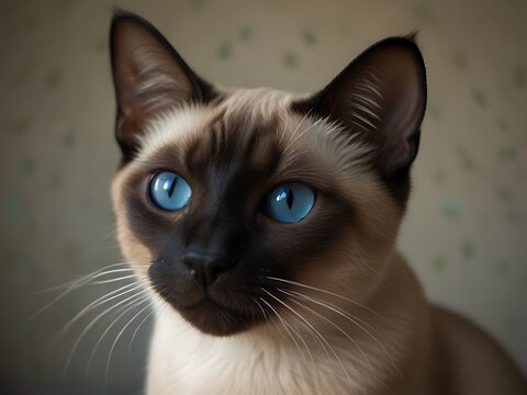 Siamese cat with Bright eyes. The striking Siamese cat's vivid blue eyes captivate as they gaze attentively. Their elegant dark markings create a perfect balance. - Powered by Adobe