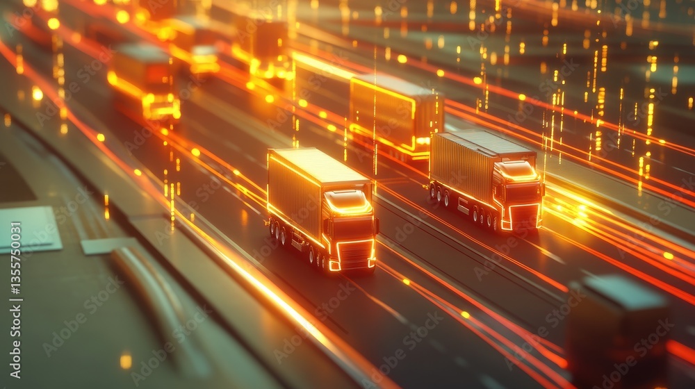 Poster a conceptual image of trucks moving on a smart global network, illustrating cutting-edge fleet manag