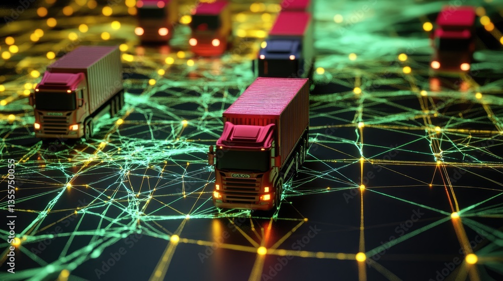 Poster a conceptual image of trucks moving on a smart global network, illustrating cutting-edge fleet manag