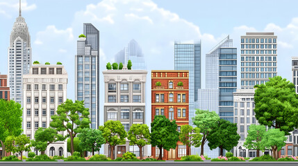 Fototapeta premium Cityscape Panorama With Trees And Buildings