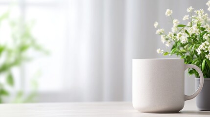 Fototapeta premium Simple, light, and peaceful morning scene with a coffee mug and small flowers