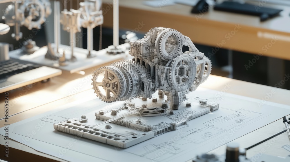 Poster a conceptual view of designing a complex gearbox, with 3d-printed prototypes and detailed blueprints