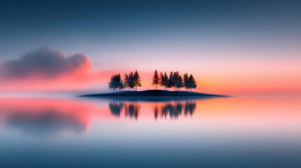 Fototapeta premium Serene Sunset over Calm Water with Silhouetted Trees on Small Island