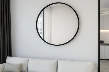 Modern apartment living room with round mirror and kitchen view