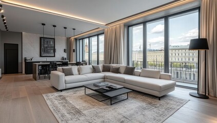 Fototapeta premium Modern apartment living room, city view, interior design, relaxing