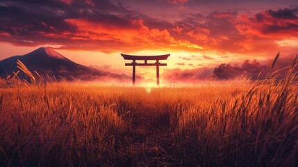 Japanese torii gate in golden wheat field during vibrant mountain sunset