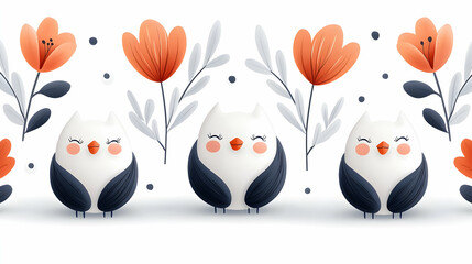 Obraz premium Cute White Owls Among Orange Flowers Seamless Pattern