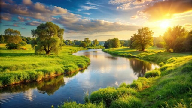 Warm sunshine casts a golden glow on a serene summer landscape with lush green meadows and a tranquil river flowing gently through it, sonnenschein, fluss
