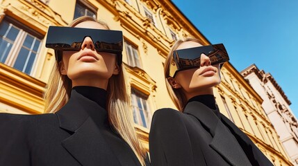 Obraz premium Stylish Women in Futuristic Sunglasses Milan Street Fashion
