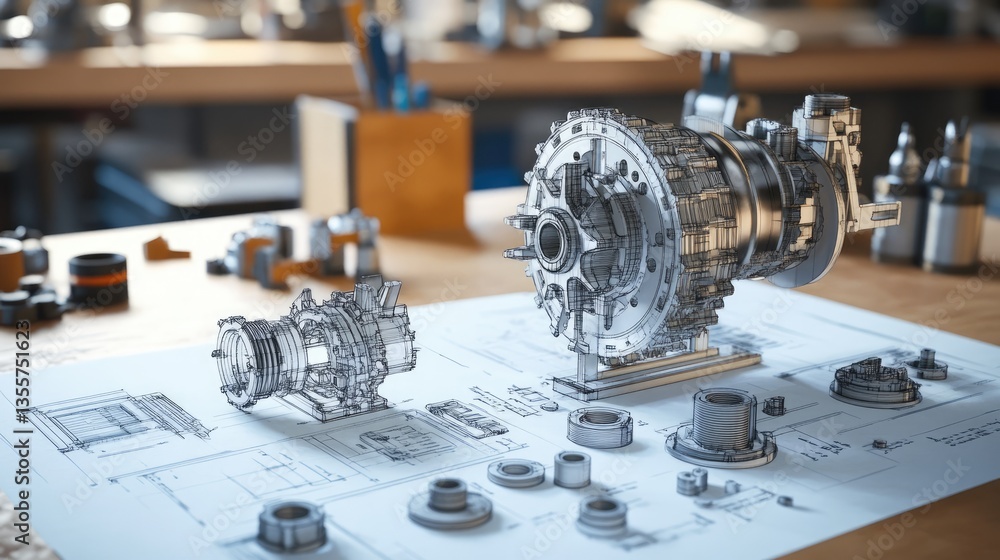 Poster A detailed view of the design process for a complex gearbox, featuring technical blueprints and 3D-printed prototypes in an engineering workshop