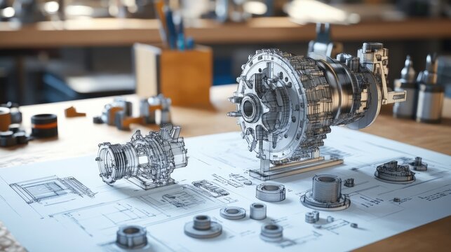 A detailed view of the design process for a complex gearbox, featuring technical blueprints and 3D-printed prototypes in an engineering workshop