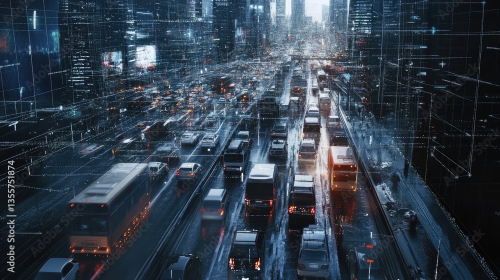 Poster a digital network overlay on traffic, showcasing a fleet management system in action, optimizing eff