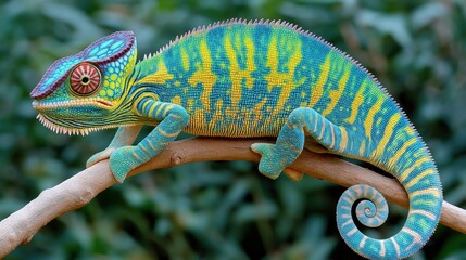 Fototapeta premium close-up of a vibrant, colorful chameleon, exhibiting a complex pattern of lime green, teal blue, and yellow stripes