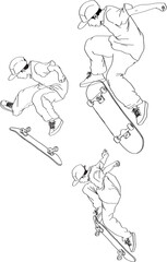 Skateboard Tricks. Vector illustration. Line art character.	