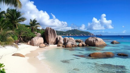 Beach rocks meet turquoise water. Blue sky with fluffy clouds. Palms on shore, sunny Seychelles. Island background