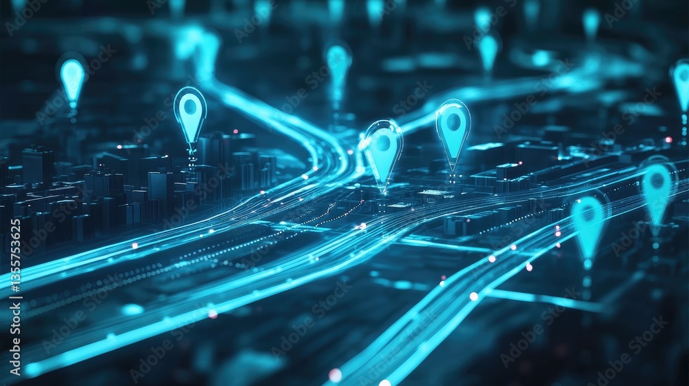 Fototapete A futuristic digital map displaying AI-powered delivery route optimization, with dynamic GPS navigation paths highlighted for efficient delivery planning