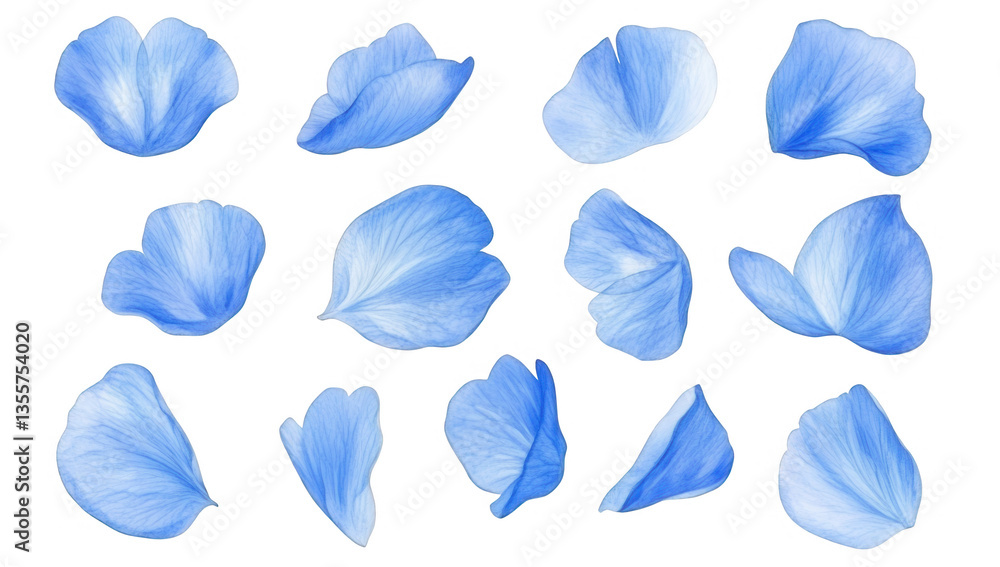Poster an array of delicate blue flower petals each showcasing unique shapes and textures ideal for graphic