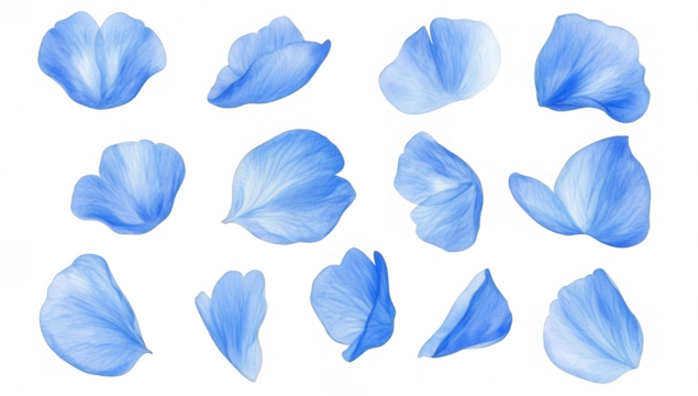 an array of delicate blue flower petals each showcasing unique shapes and textures ideal for graphic design or artistic projects
