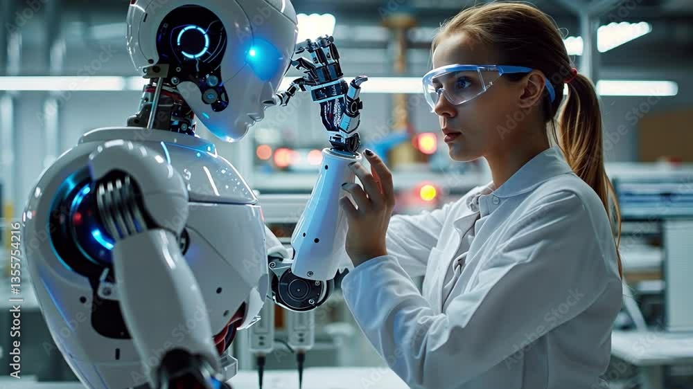 Poster the future of robotics: a focused scientist meticulously interacts with a lifelike robot in a state-