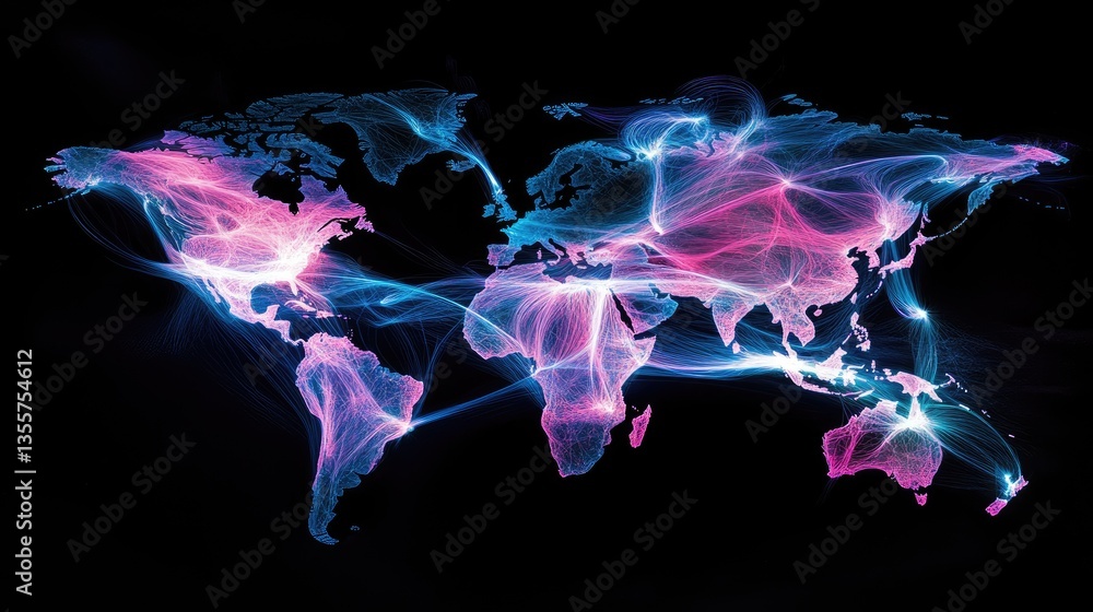 Poster a glowing fiber optic world map, representing global communication and connectivity with dynamic, in
