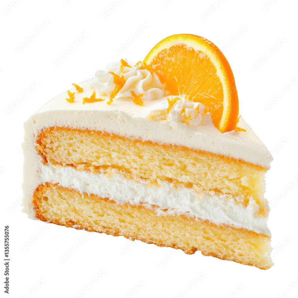 Poster a slice of cake featuring layers of sponge and cream topped with a slice of orange and decorative sp
