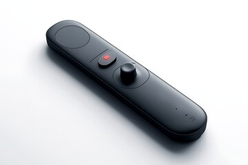 Black remote control on white background with buttons, dial and speaker, for tech product design