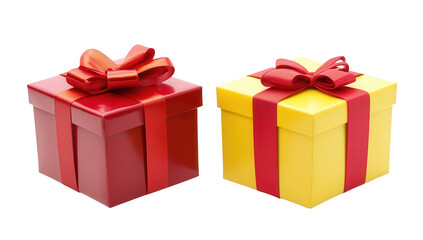Obraz premium two beautifully wrapped gift boxes one red and one yellow both adorned with matching bows symbolizing celebration and joy