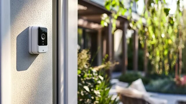 Modern security camera mounted on a house wall, surrounded by lush greenery and a cozy patio