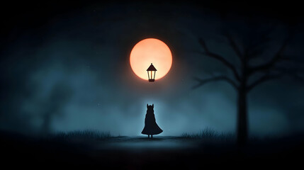 Silhouette of a Figure Underneath an Orange Moon at Night