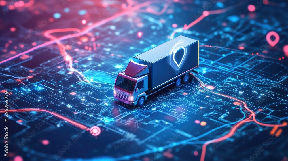 Poster A high-tech digital map with AI-driven delivery route optimization, showcasing the future of GPS navigation and efficient logistics
